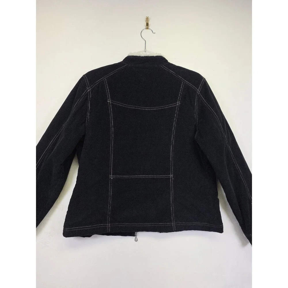 Y2K French Cuff Corduroy Jacket‎ Womens L Black Sherpa Lined Grunge Cozy Fall